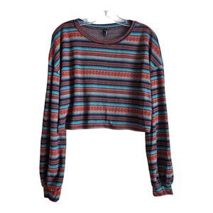 ZAFUL Women's XL Cropped Top Knit Long Sleeve Teal Orange Southwest Striped 44"